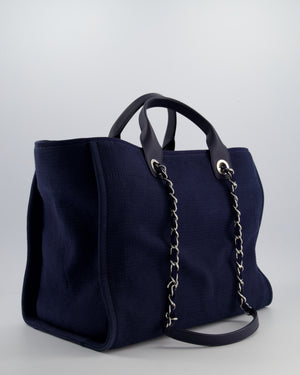 Chanel Navy Canvas Medium Deauville Tote Bag with Lambskin Leather Handles and Silver Hardware