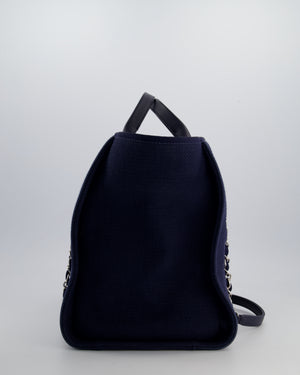 Chanel Navy Canvas Medium Deauville Tote Bag with Lambskin Leather Handles and Silver Hardware