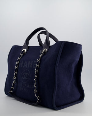 Chanel Navy Canvas Medium Deauville Tote Bag with Lambskin Leather Handles and Silver Hardware