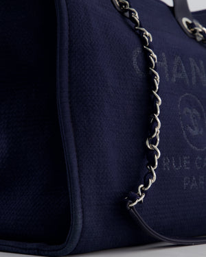 Chanel Navy Canvas Medium Deauville Tote Bag with Lambskin Leather Handles and Silver Hardware