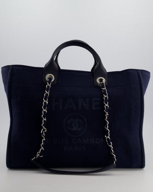 Chanel Navy Canvas Medium Deauville Tote Bag with Lambskin Leather Handles and Silver Hardware