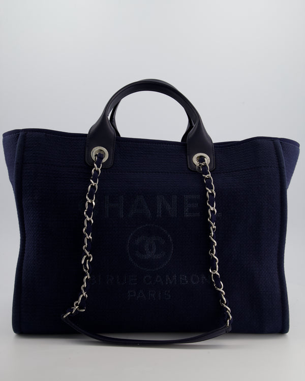 Chanel Navy Canvas Medium Deauville Tote Bag with Lambskin Leather Handles and Silver Hardware