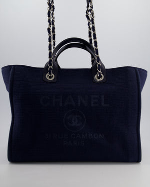 Chanel Navy Canvas Medium Deauville Tote Bag with Lambskin Leather Handles and Silver Hardware