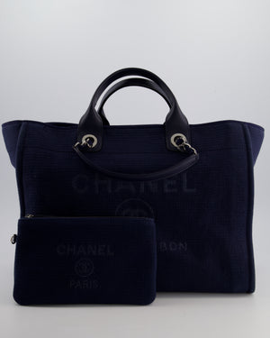 Chanel Navy Canvas Medium Deauville Tote Bag with Lambskin Leather Handles and Silver Hardware