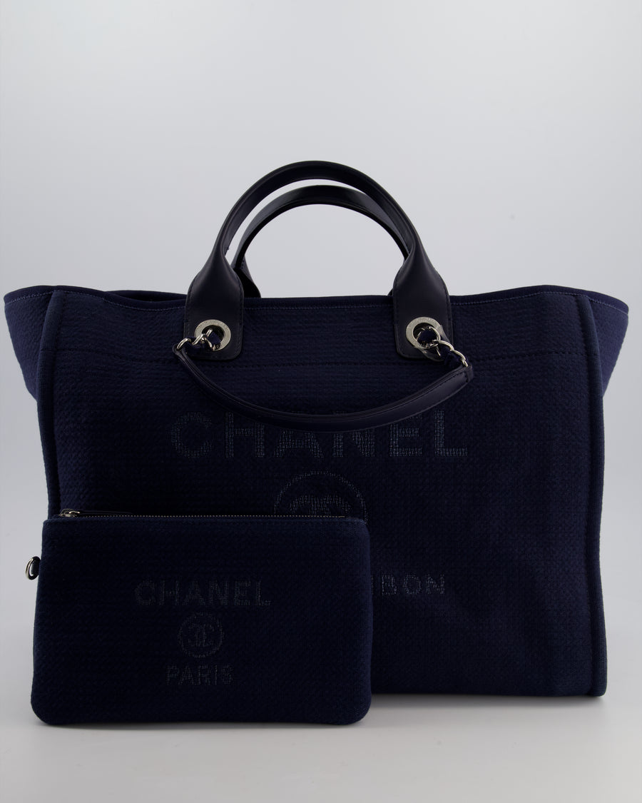 Chanel Navy Canvas Medium Deauville Tote Bag with Lambskin Leather Handles and Silver Hardware