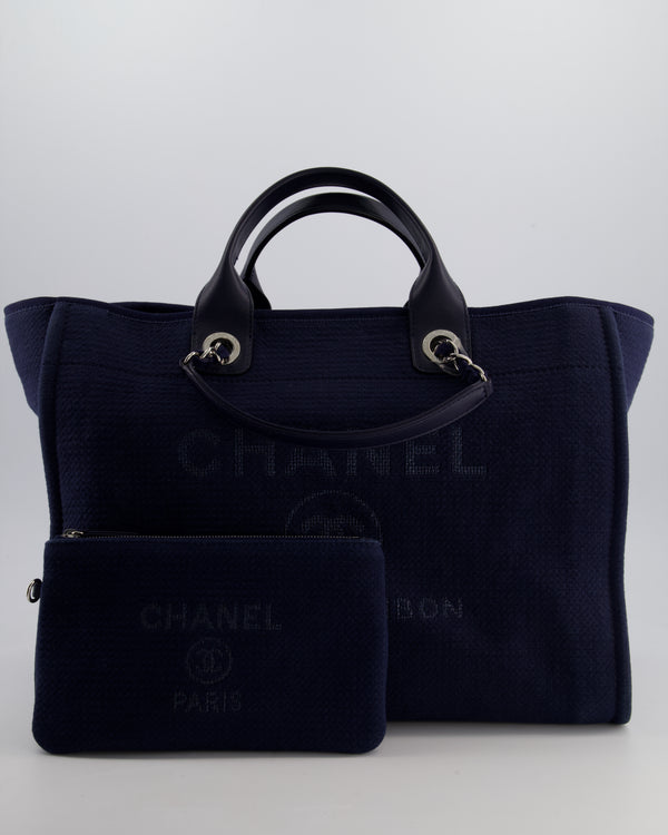 Chanel Navy Canvas Medium Deauville Tote Bag with Lambskin Leather Handles and Silver Hardware