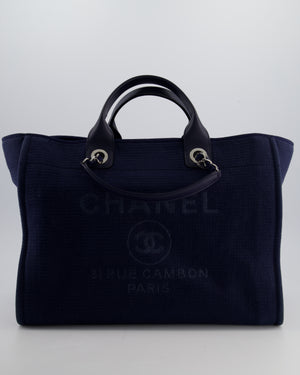 Chanel Navy Canvas Medium Deauville Tote Bag with Lambskin Leather Handles and Silver Hardware