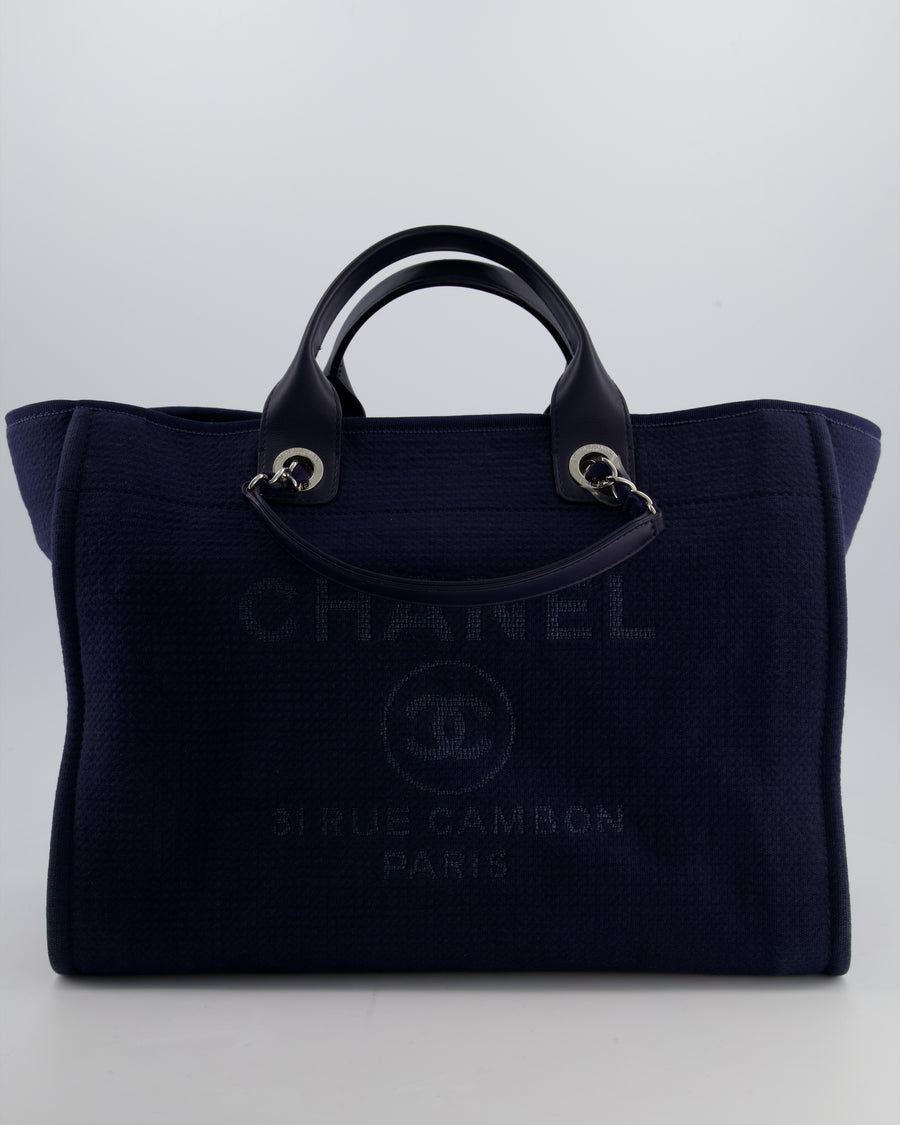 Chanel Navy Canvas Medium Deauville Tote Bag with Lambskin Leather Handles and Silver Hardware
