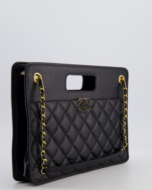 Chanel Black Aged Calfskin Quilted Small Graphic Catch Shopping Bag with Gold Hardware