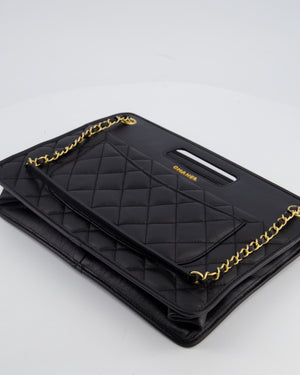 Chanel Black Aged Calfskin Quilted Small Graphic Catch Shopping Bag with Gold Hardware