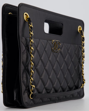 Chanel Black Aged Calfskin Quilted Small Graphic Catch Shopping Bag with Gold Hardware