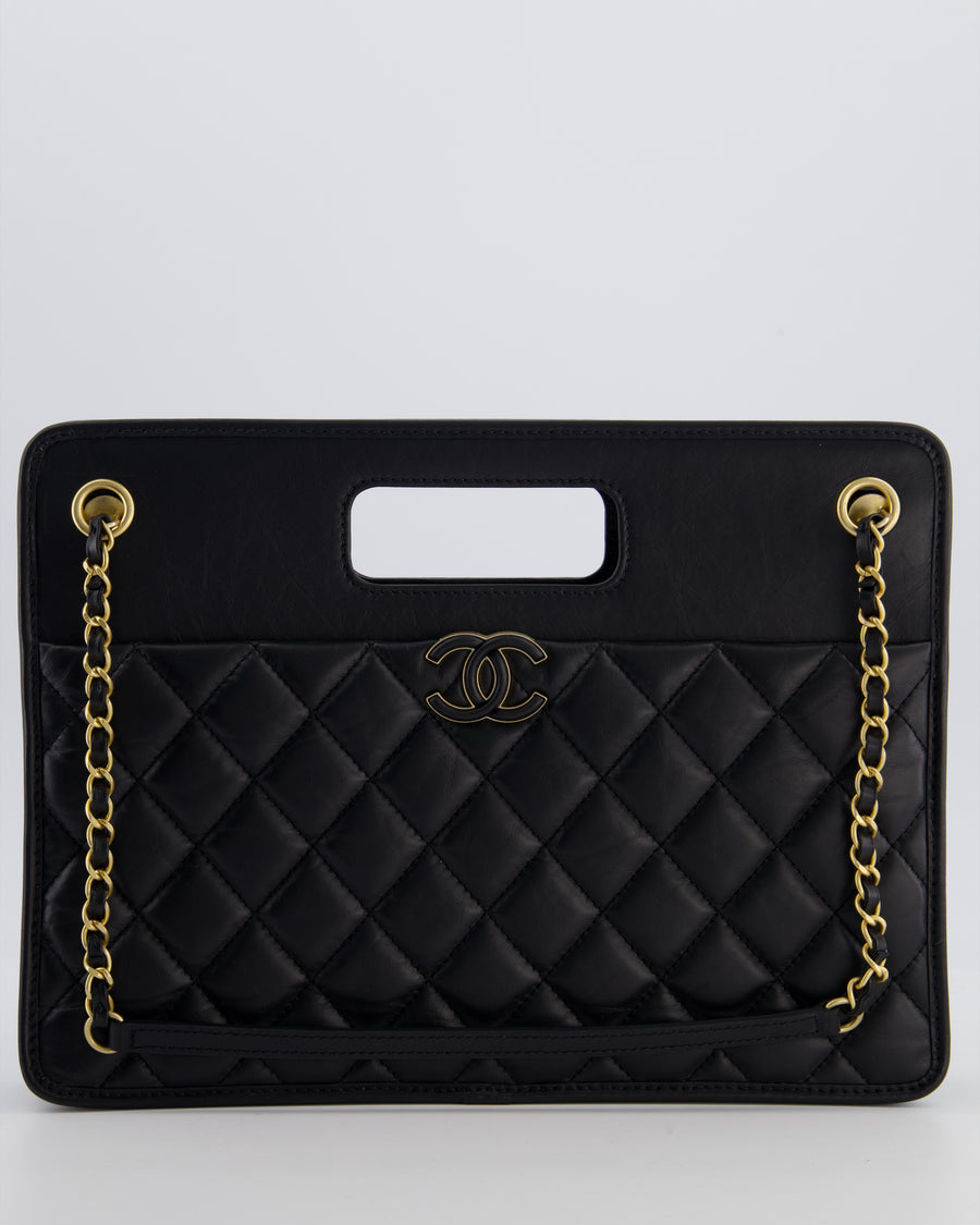 Chanel Black Aged Calfskin Quilted Small Graphic Catch Shopping Bag with Gold Hardware