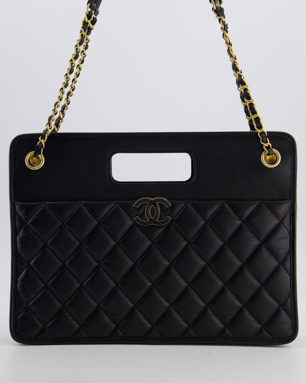 Chanel Black Aged Calfskin Quilted Small Graphic Catch Shopping Bag with Gold Hardware