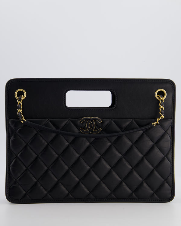 Chanel Black Aged Calfskin Quilted Small Graphic Catch Shopping Bag with Gold Hardware