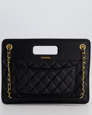 Chanel Black Aged Calfskin Quilted Small Graphic Catch Shopping Bag with Gold Hardware