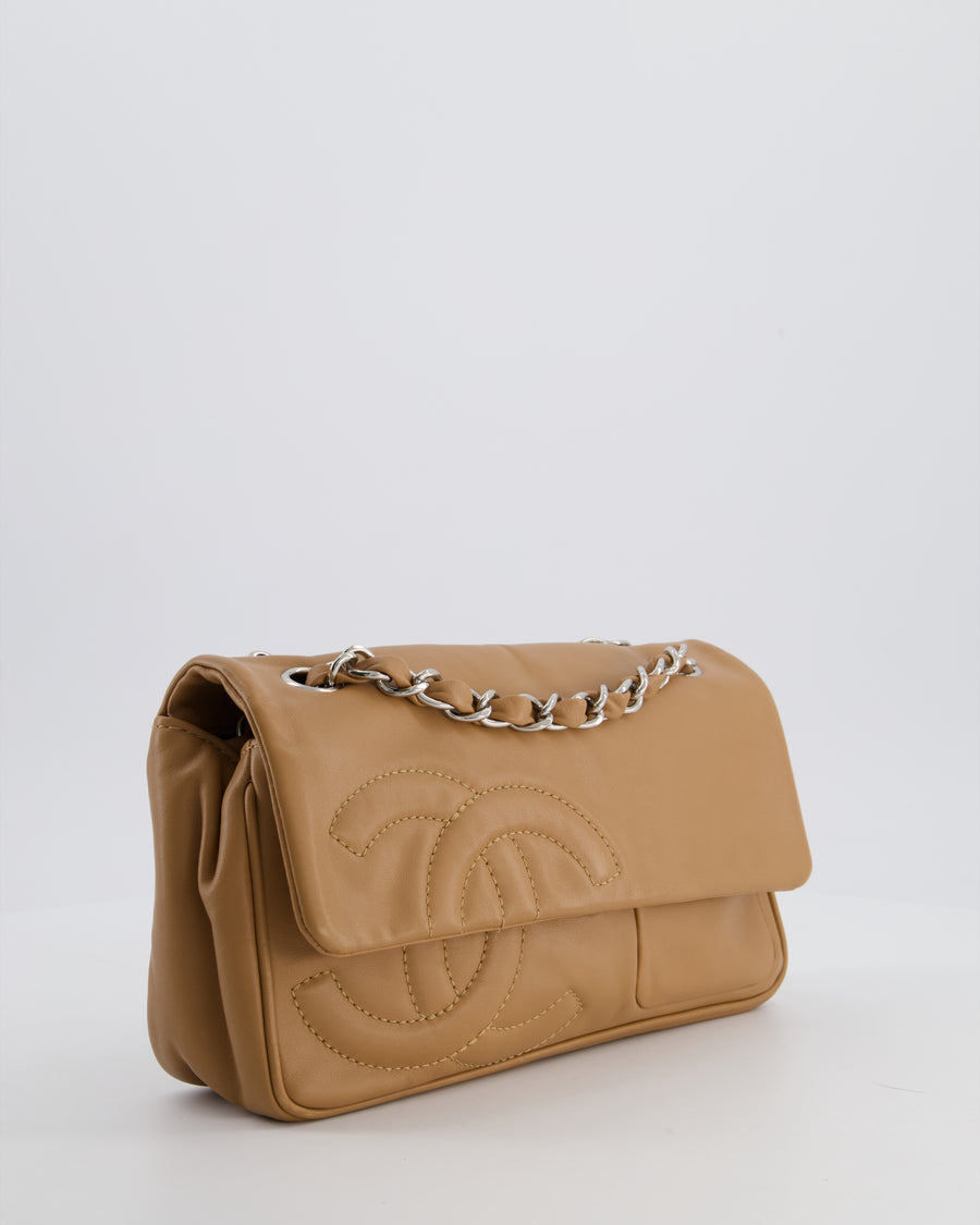 Chanel Nude Medium Diagonal Lambskin Flap Bag with Silver Hardware and CC Logo Detail