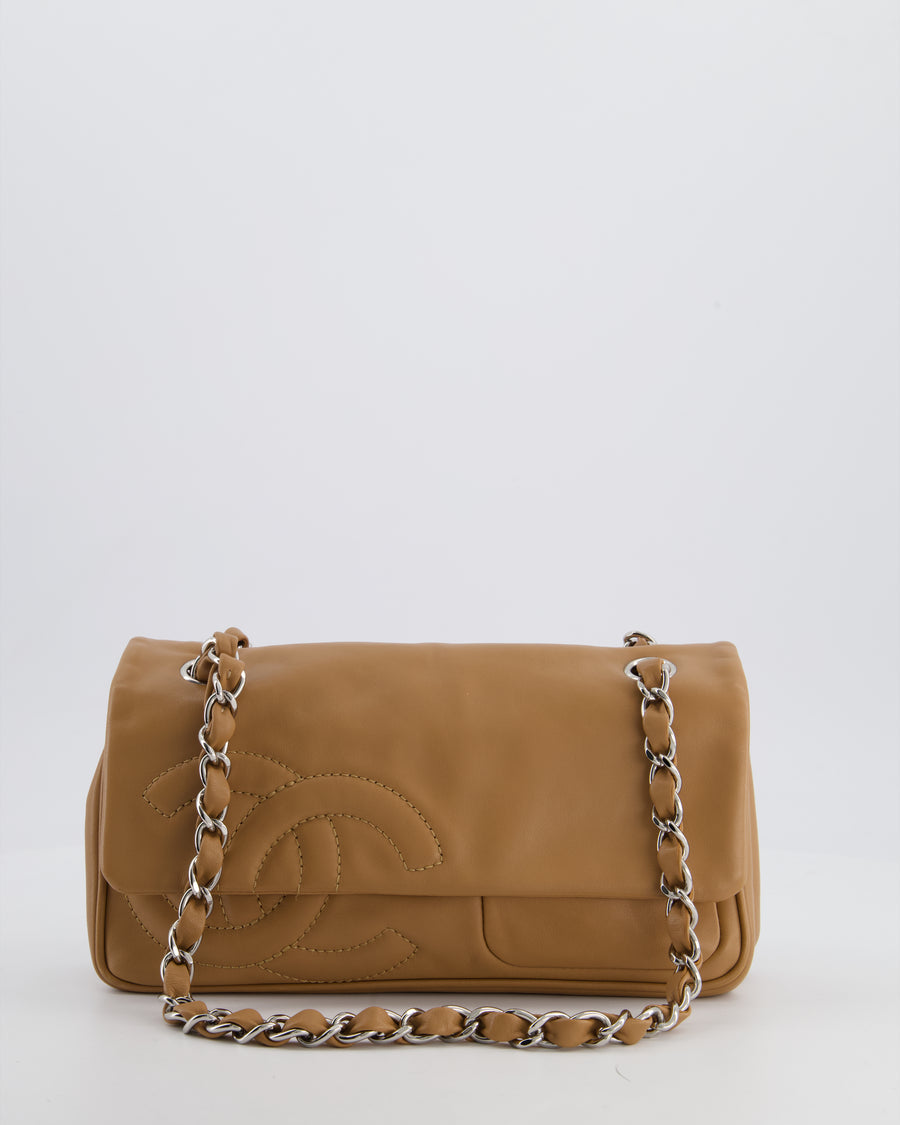 Chanel Nude Medium Diagonal Lambskin Flap Bag with Silver Hardware and CC Logo Detail