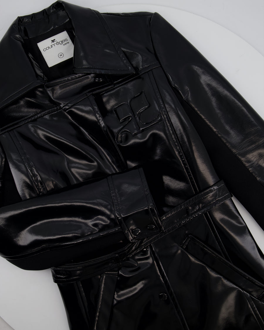 Courrèges Black Patent Logo Coat with Lapel Detail Size FR 38 (UK 10)