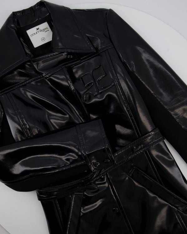 Courrèges Black Patent Logo Coat with Lapel Detail Size FR 38 (UK 10)