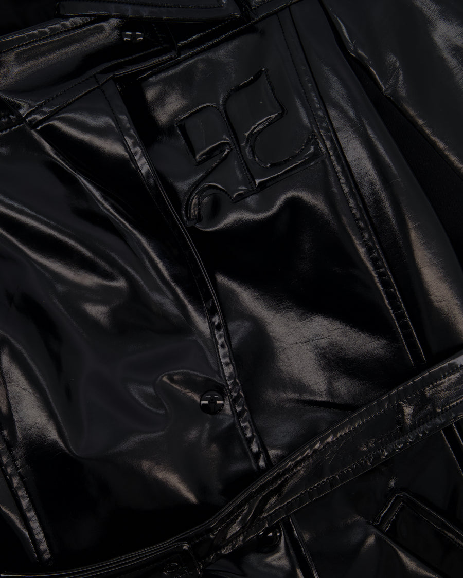 Courrèges Black Patent Logo Coat with Lapel Detail Size FR 38 (UK 10)