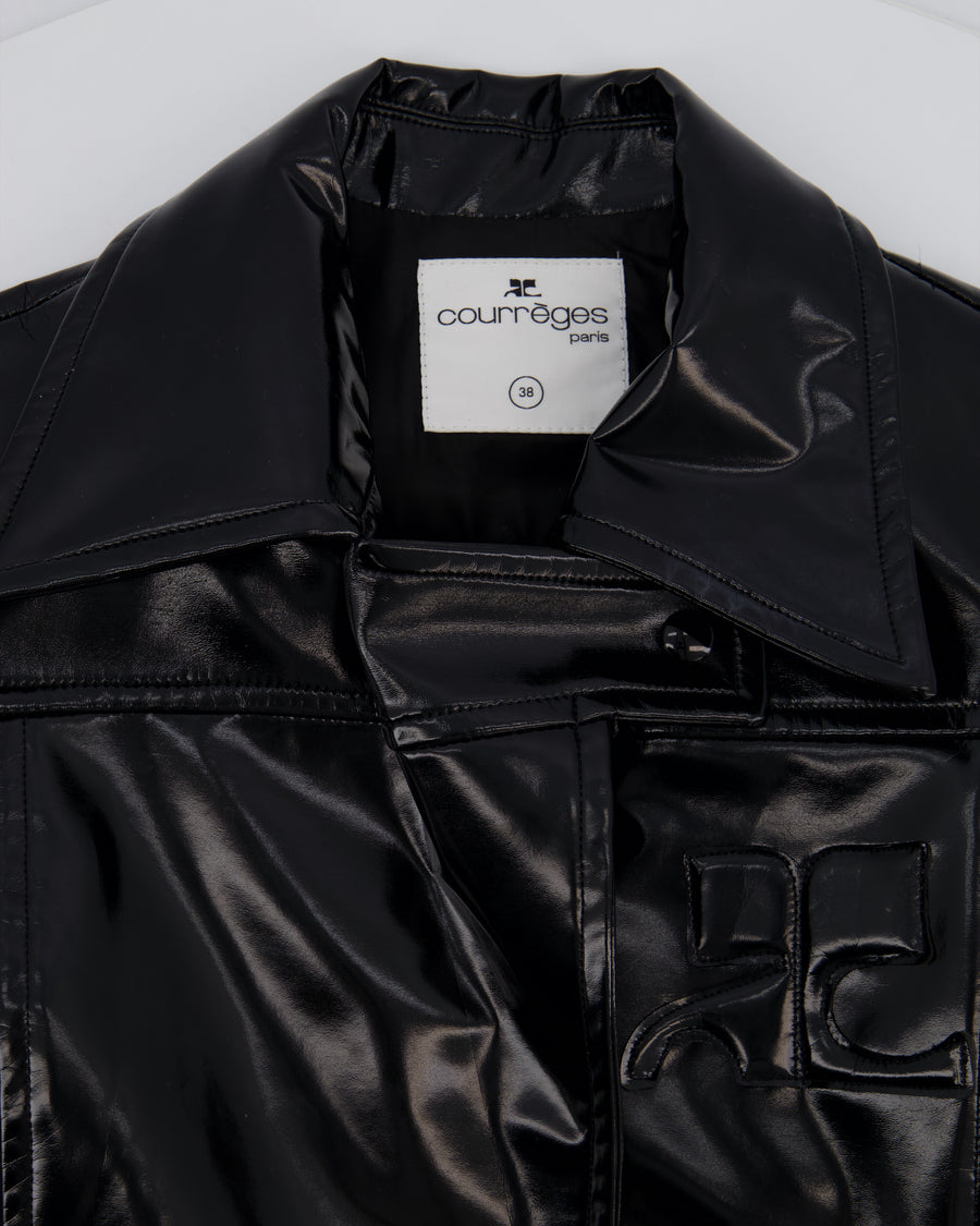 Courrèges Black Patent Logo Coat with Lapel Detail Size FR 38 (UK 10)