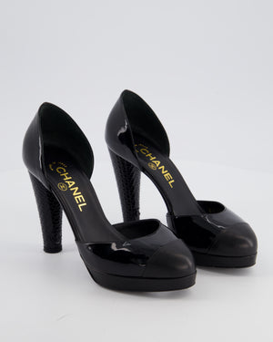 Chanel D'Orsay Black Patent Leather Platform Pumps with Sculpted Heels details Size 36.5 EU