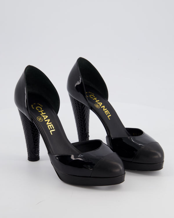 Chanel D'Orsay Black Patent Leather Platform Pumps with Sculpted Heels details Size 36.5 EU