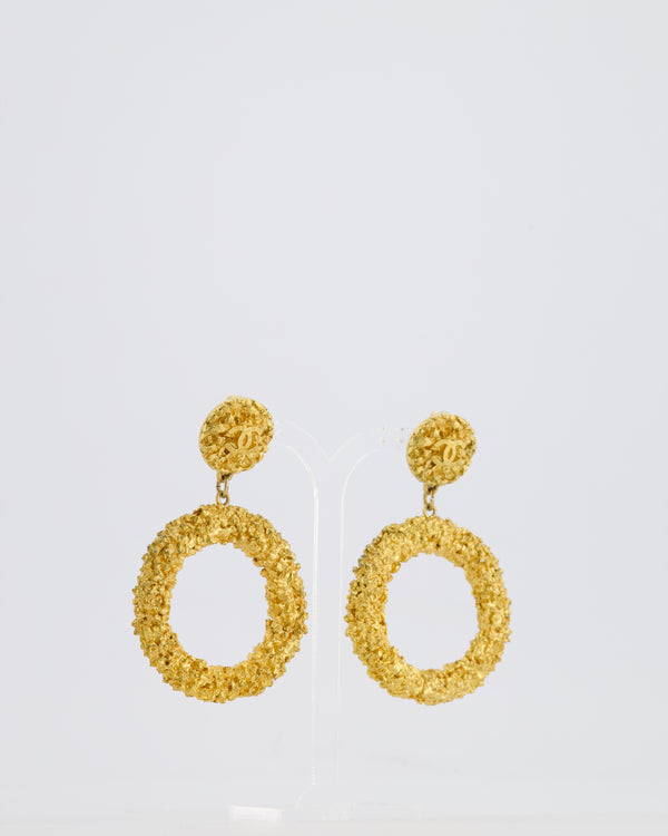 *SUPER RARE* Chanel 93C Lava Collection Gold Hoop Clip On Earrings with CC Logo Detail