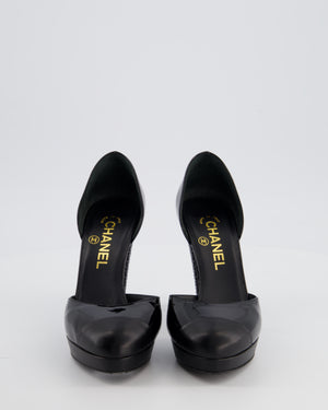 Chanel D'Orsay Black Patent Leather Platform Pumps with Sculpted Heels details Size 36.5 EU