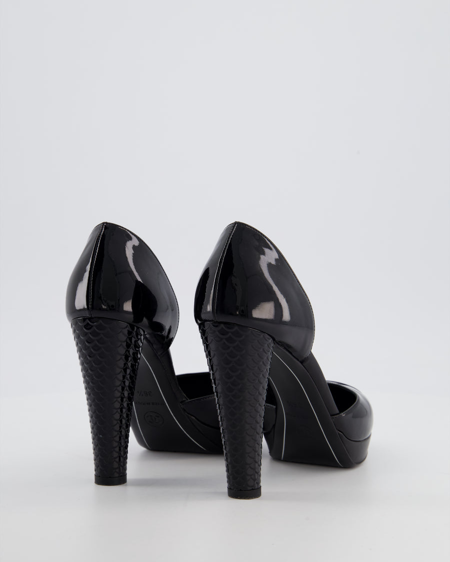 Chanel D'Orsay Black Patent Leather Platform Pumps with Sculpted Heels details Size 36.5 EU
