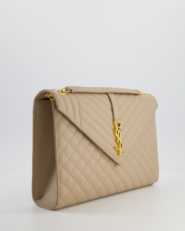 Saint Laurent Beige Cassandra Shoulder Bag in Grained Calfskin Leather With Gold Hardware