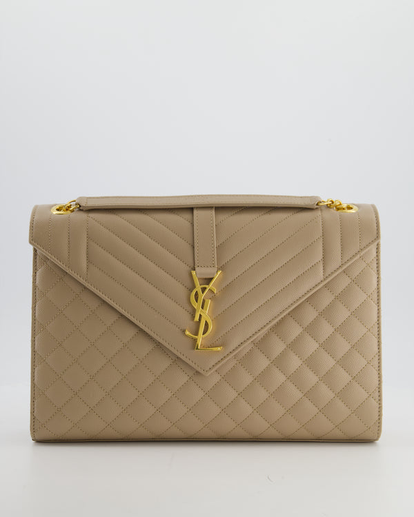 Saint Laurent Beige Cassandra Shoulder Bag in Grained Calfskin Leather With Gold Hardware