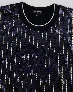 Chanel SS23 Navy and White Striped Sequins T-Shirt with CC Logo Size FR 40 (UK 12)
