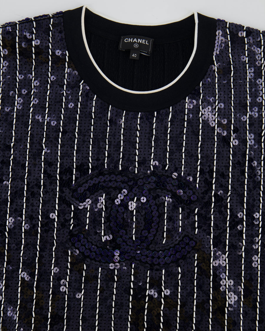 Chanel SS23 Navy and White Striped Sequins T-Shirt with CC Logo Size FR 40 (UK 12)