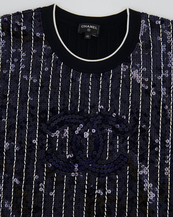 Chanel SS23 Navy and White Striped Sequins T-Shirt with CC Logo Size FR 40 (UK 12)