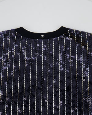 Chanel SS23 Navy and White Striped Sequins T-Shirt with CC Logo Size FR 40 (UK 12)