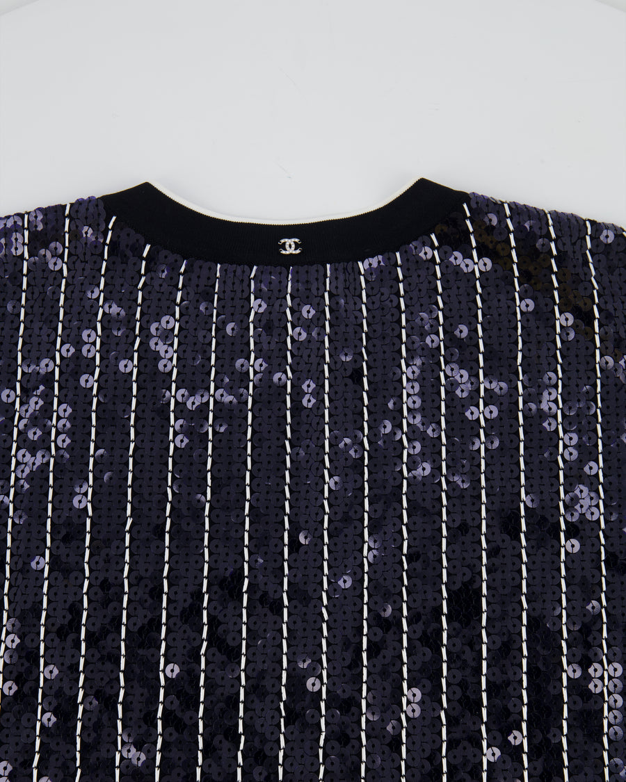 Chanel SS23 Navy and White Striped Sequins T-Shirt with CC Logo Size FR 40 (UK 12)