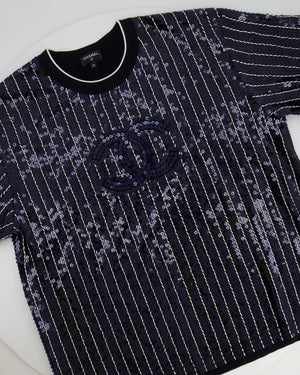 Chanel SS23 Navy and White Striped Sequins T-Shirt with CC Logo Size FR 40 (UK 12)