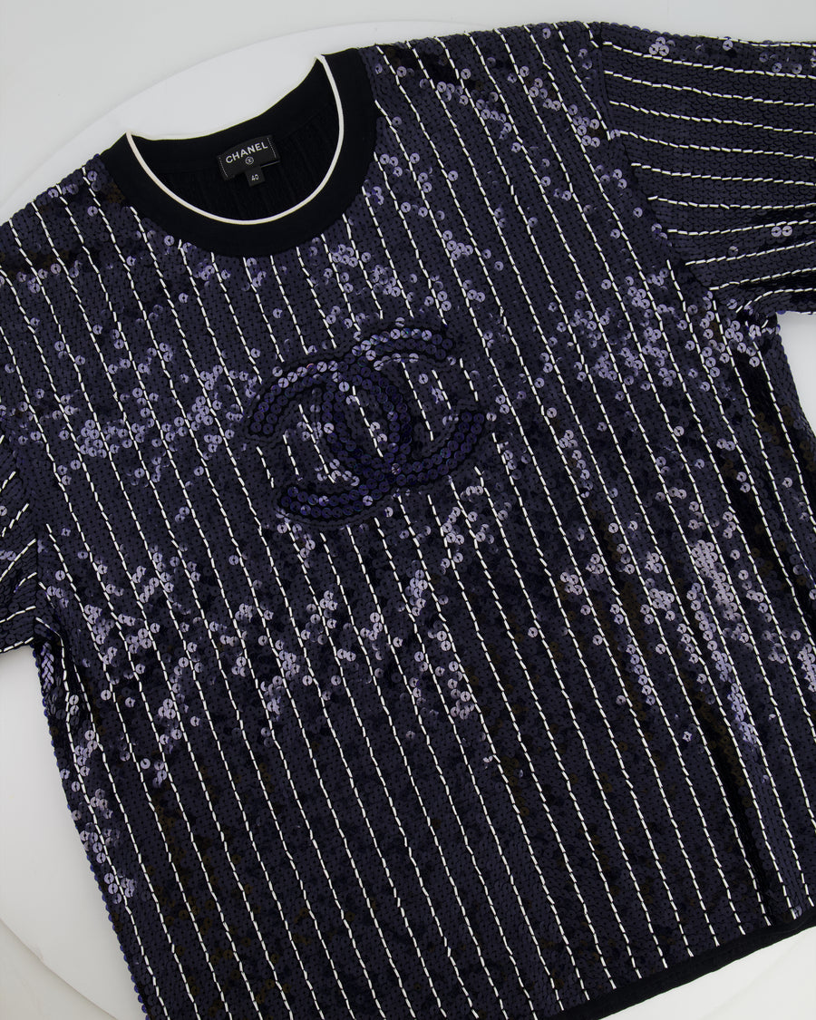Chanel SS23 Navy and White Striped Sequins T-Shirt with CC Logo Size FR 40 (UK 12)
