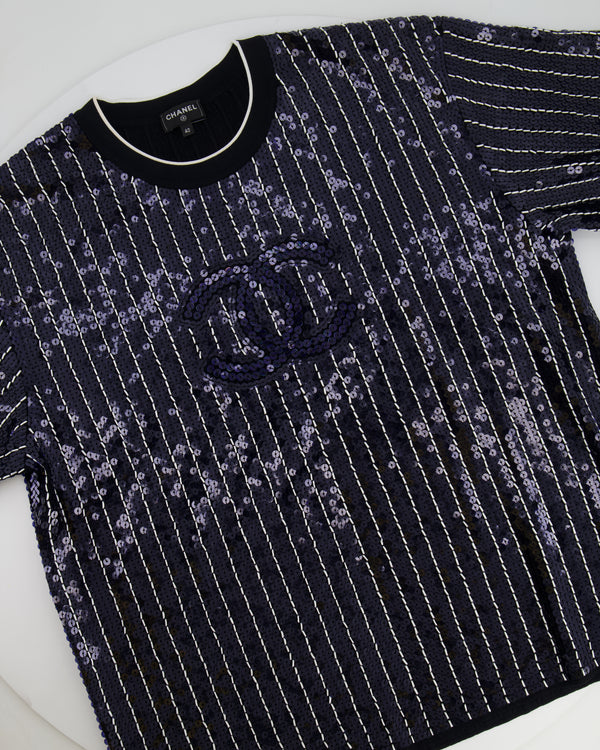 Chanel SS23 Navy and White Striped Sequins T-Shirt with CC Logo Size FR 40 (UK 12)