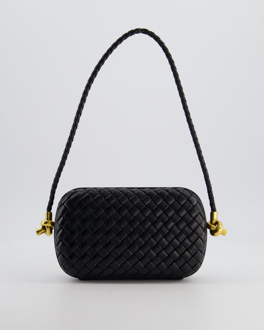 Bottega Veneta Black Knot On Strap Clutch Bag in Black Intrecciato Leather with Gold Hardware