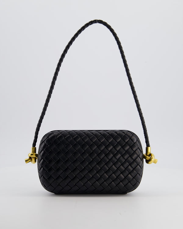 Bottega Veneta Black Knot On Strap Clutch Bag in Black Intrecciato Leather with Gold Hardware
