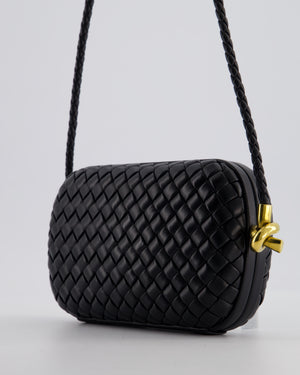 Bottega Veneta Black Knot On Strap Clutch Bag in Black Intrecciato Leather with Gold Hardware