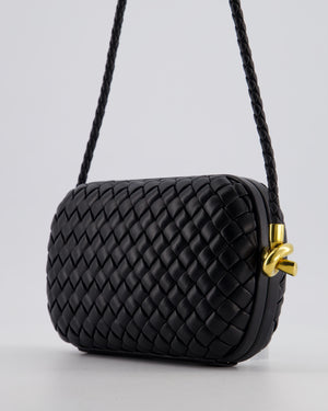 Bottega Veneta Black Knot On Strap Clutch Bag in Black Intrecciato Leather with Gold Hardware