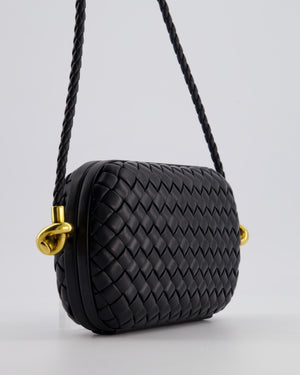 Bottega Veneta Black Knot On Strap Clutch Bag in Black Intrecciato Leather with Gold Hardware
