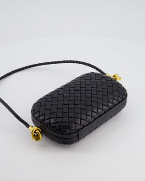 Bottega Veneta Black Knot On Strap Clutch Bag in Black Intrecciato Leather with Gold Hardware