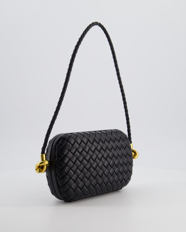 Bottega Veneta Black Knot On Strap Clutch Bag in Black Intrecciato Leather with Gold Hardware