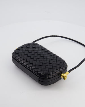 Bottega Veneta Black Knot On Strap Clutch Bag in Black Intrecciato Leather with Gold Hardware