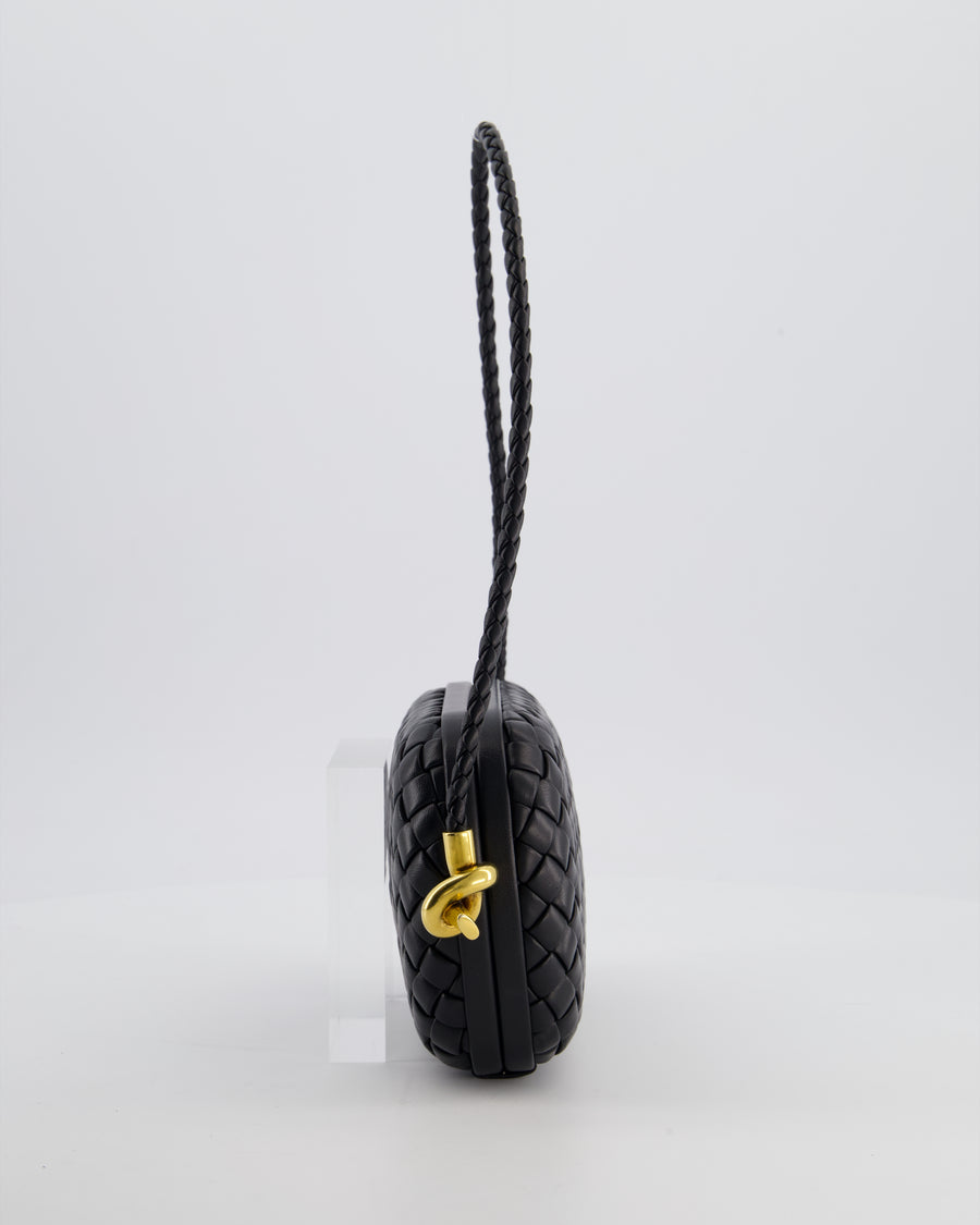Bottega Veneta Black Knot On Strap Clutch Bag in Black Intrecciato Leather with Gold Hardware