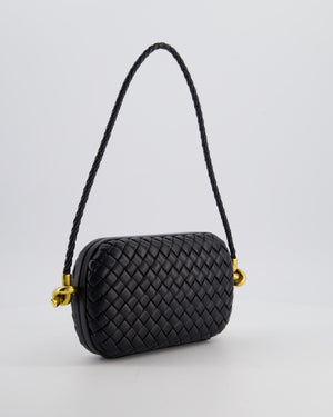 Bottega Veneta Black Knot On Strap Clutch Bag in Black Intrecciato Leather with Gold Hardware